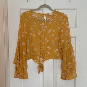 Yellow Floral Bell Sleeve Crop Blouse